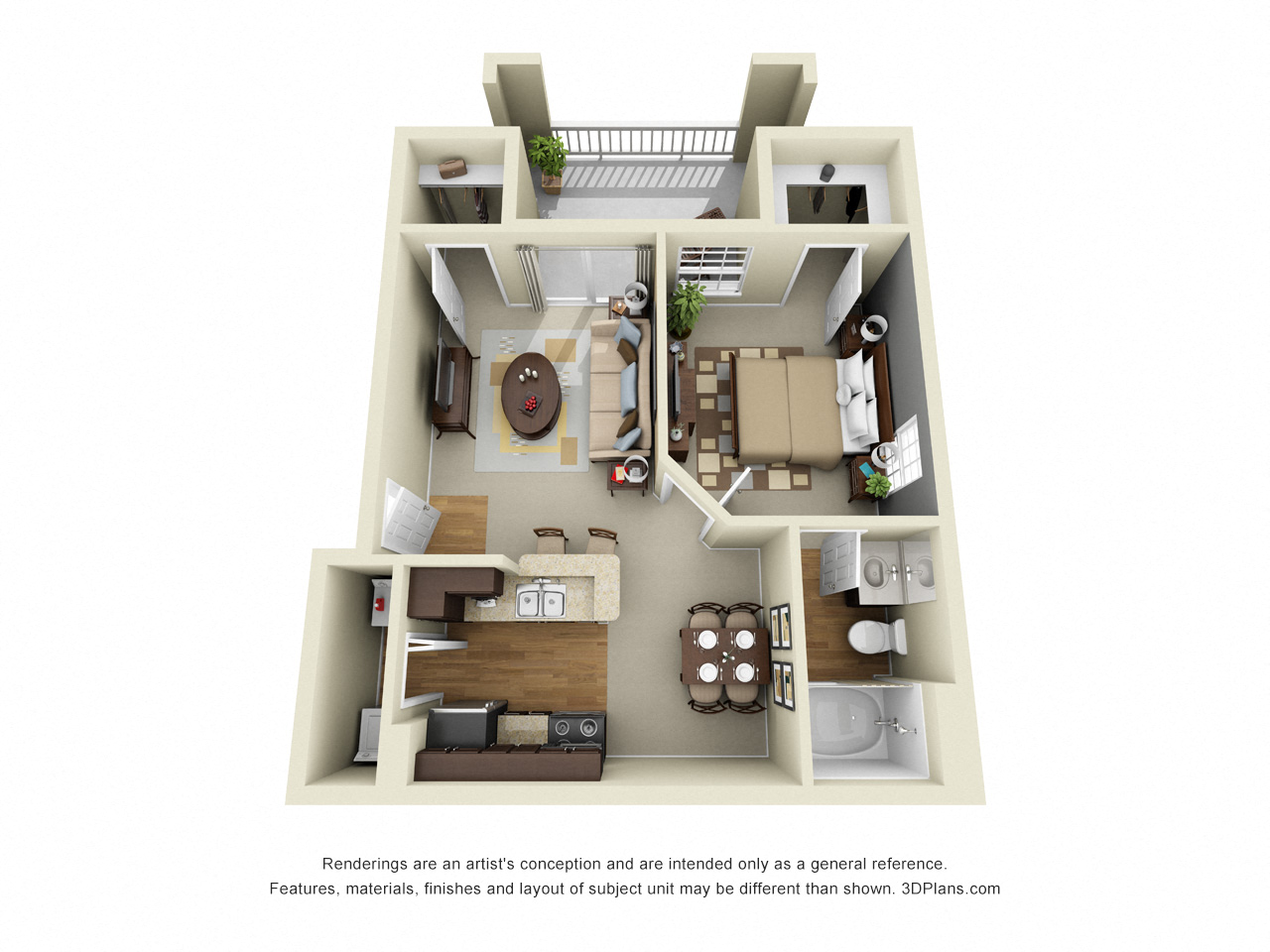 Floor plan for 1 bed, 1 bath, 648 sqft